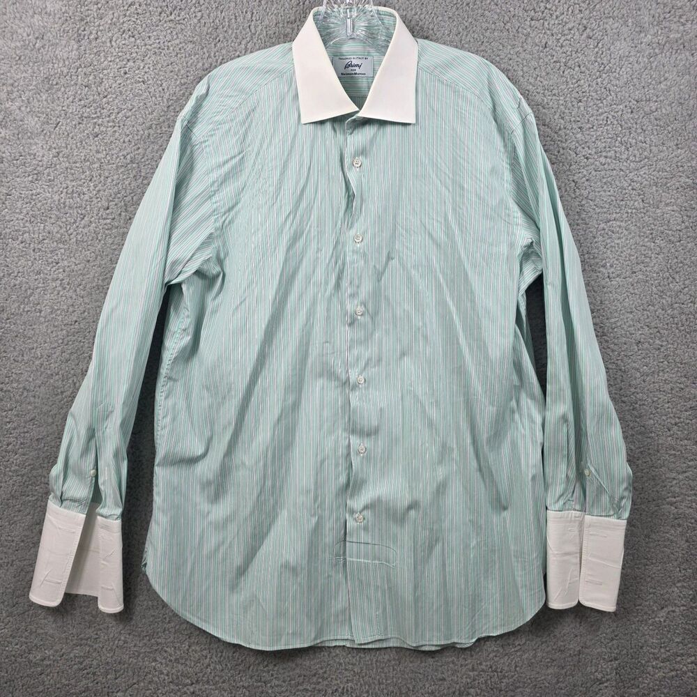 Brioni For Neiman Marcus Tuxedo Shirt Men's French Cuff Green Striped Size 16.5